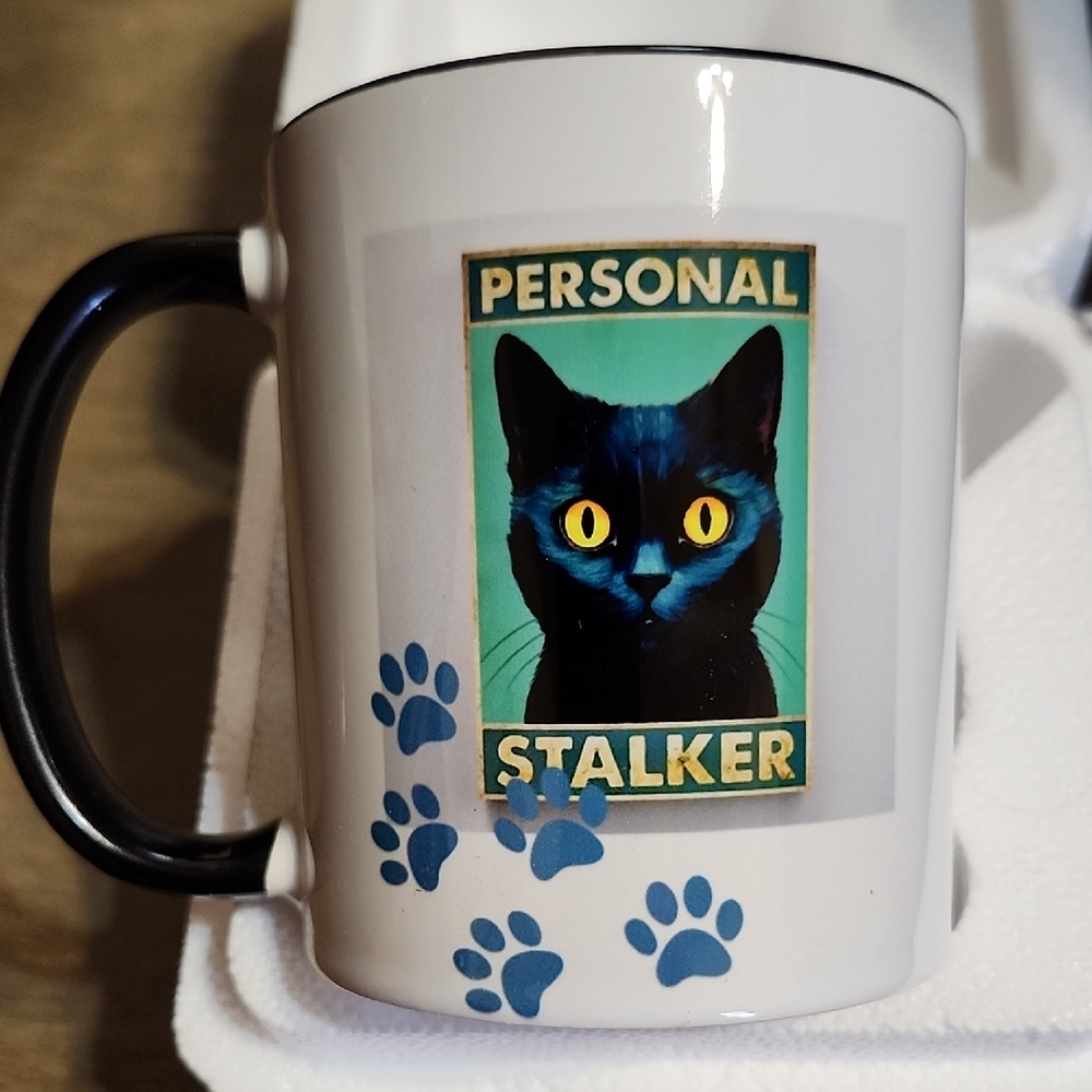 Custom Cat Stalker Mug with Blue Paw Prints 12 Oz